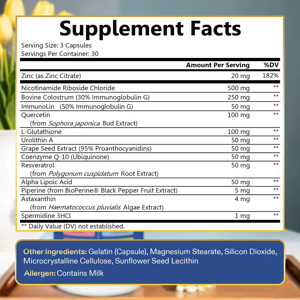 Miracle Moo Timeless |  NAD Supplement - Nicotinamide Riboside, Resveratrol, Urolithin A, L-Glutathione, Colostrum, Astaxanthin & Quercetin