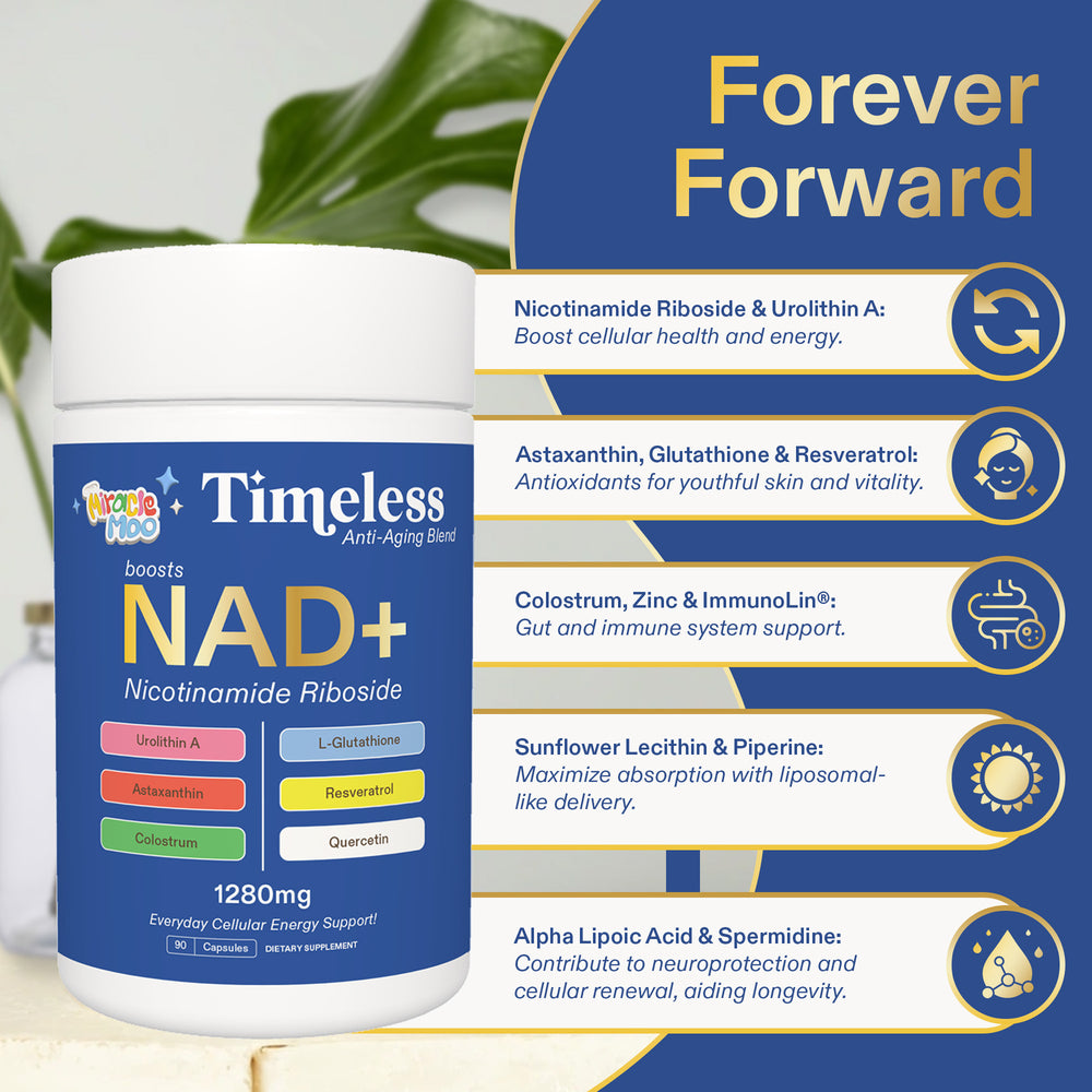Miracle Moo Timeless |  NAD Supplement - Nicotinamide Riboside, Resveratrol, Urolithin A, L-Glutathione, Colostrum, Astaxanthin & Quercetin